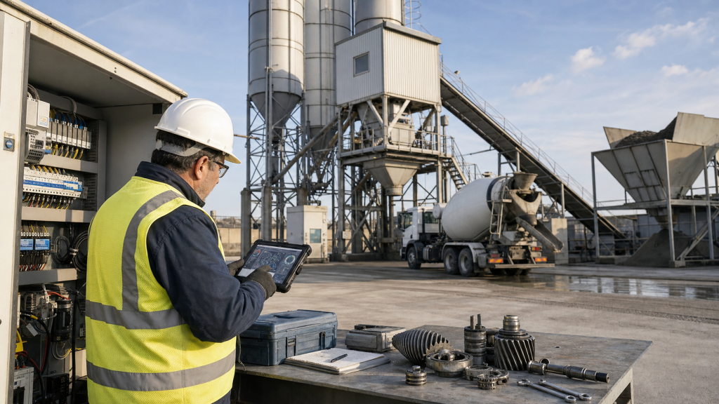 Maintenance supervisor checking concrete batching plant sensor data on a tablet beside a control cabinet and spare parts