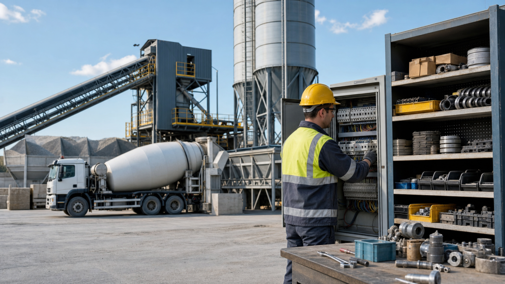 Technician inspecting a concrete batching plant control cabinet beside organized spare parts shelves