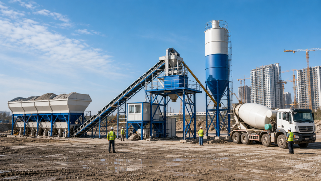 Concrete batching plant and mobile concrete production equipment at a construction site
