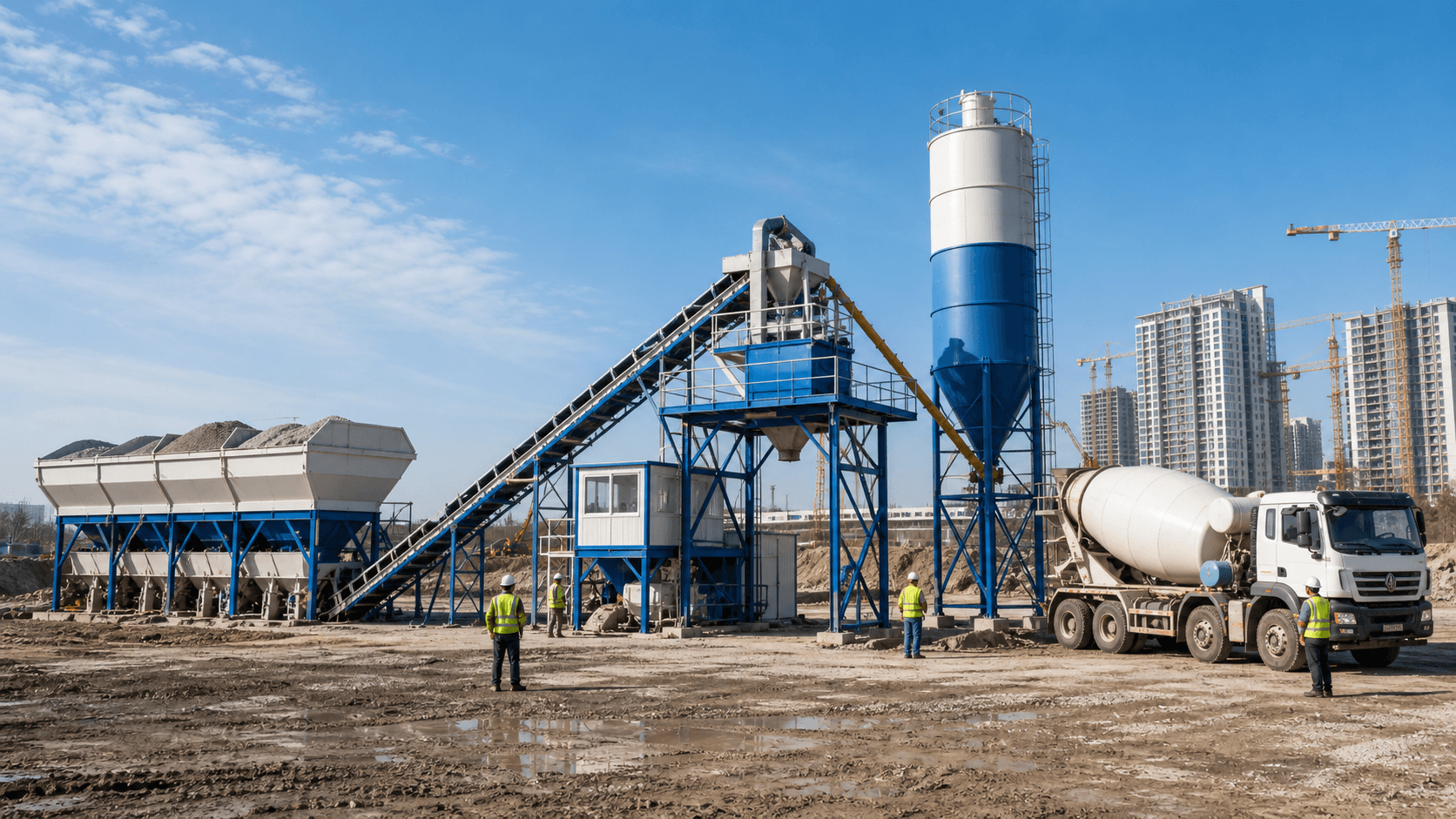 Concrete batching plant and mobile concrete production equipment at a construction site