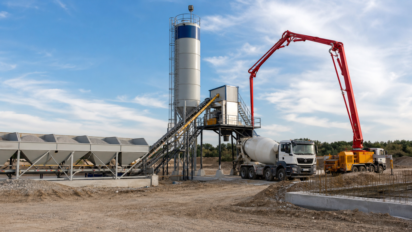 Concrete batching plant with mixer truck and concrete pump planned as an integrated jobsite workflow