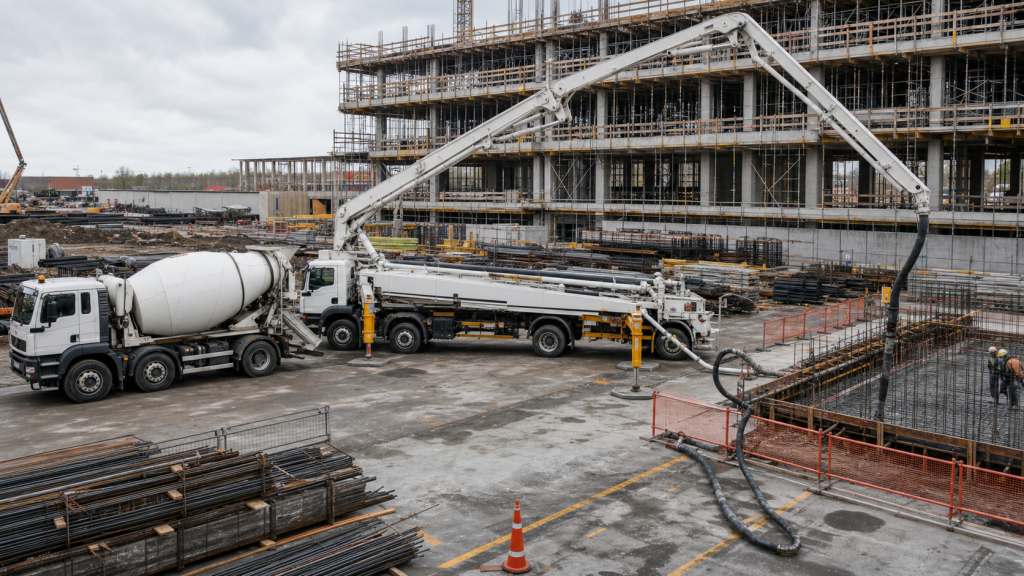 Concrete boom pump and mixer truck arranged for safe concrete placement on a construction site