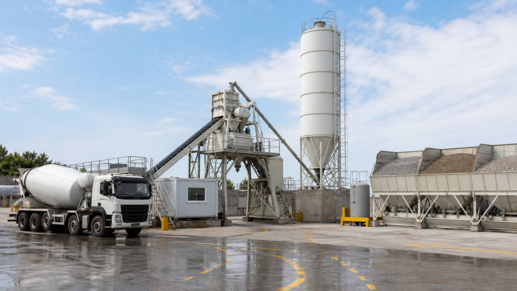 Modular concrete batching plant with mixer truck route planning in a clean equipment yard