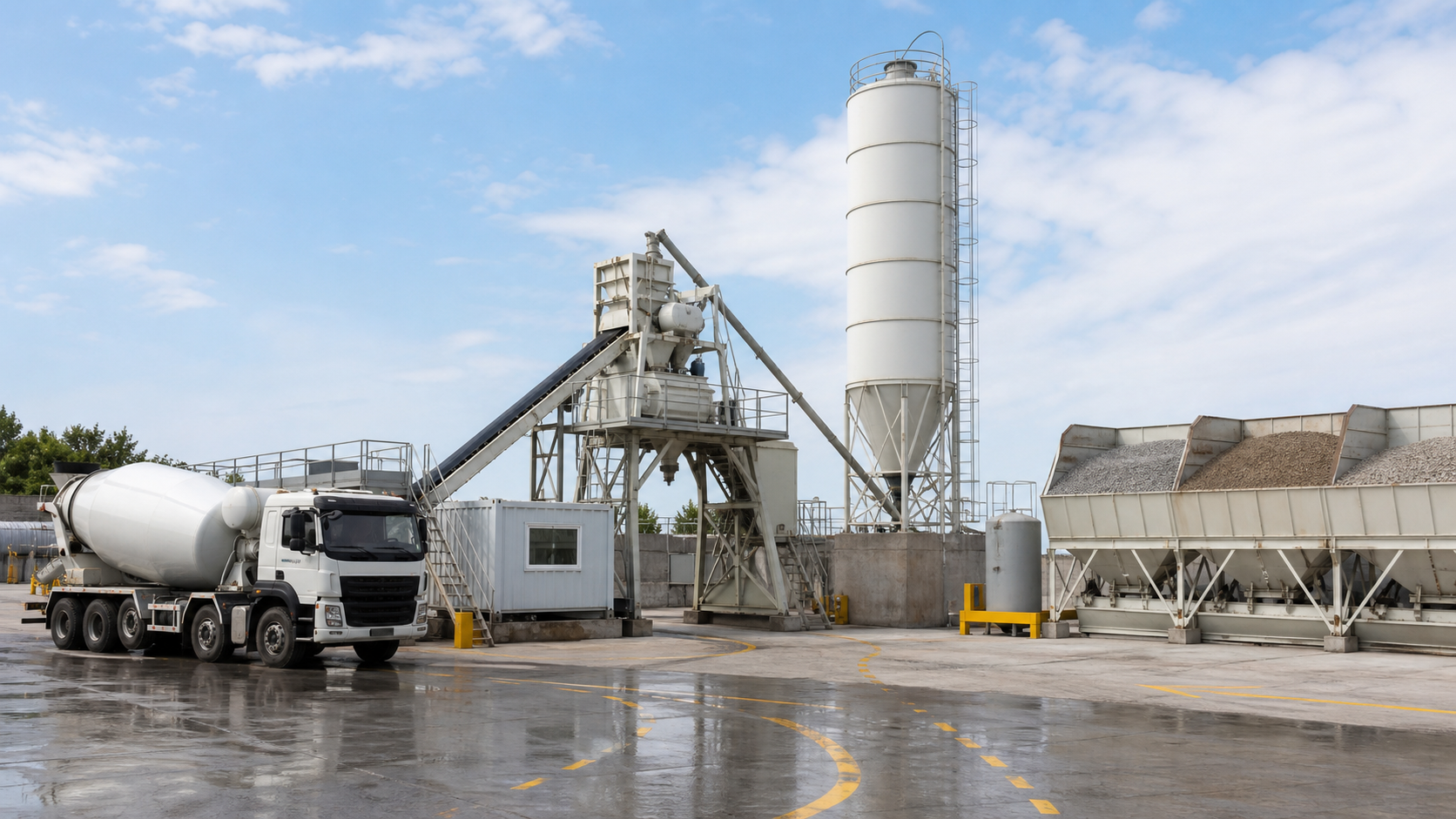 Modular concrete batching plant with mixer truck route planning in a clean equipment yard