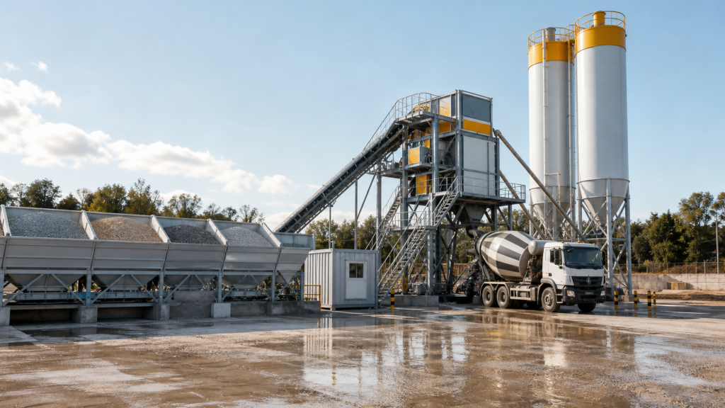 Modular concrete batching plant with aggregate bins, cement silos, conveyor and mixer truck access lane