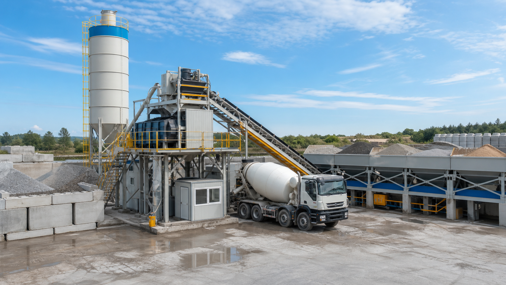 Modular concrete batching plant with aggregate bins and mixer truck at a construction site