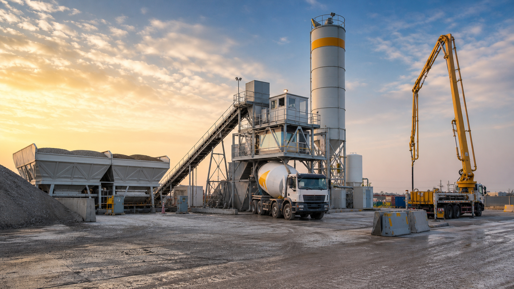 Modular concrete batching plant with aggregate bins cement silo mixer truck and concrete pump at sunrise