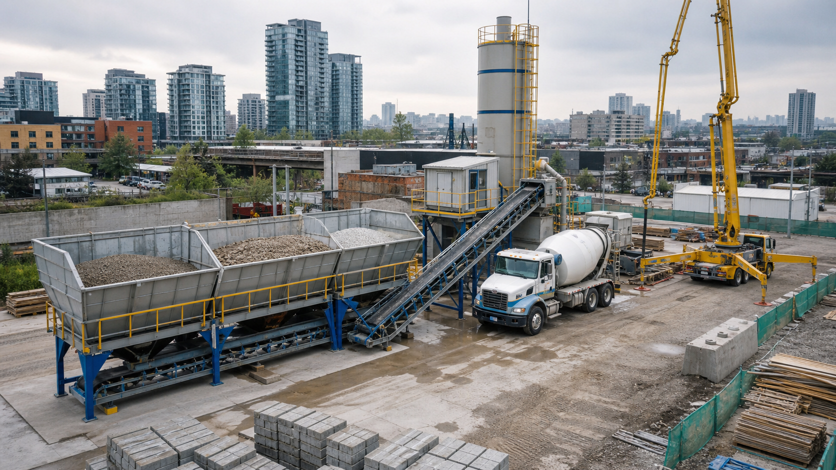 Compact concrete batching plant with aggregate bins mixer truck and concrete pump on an urban construction site