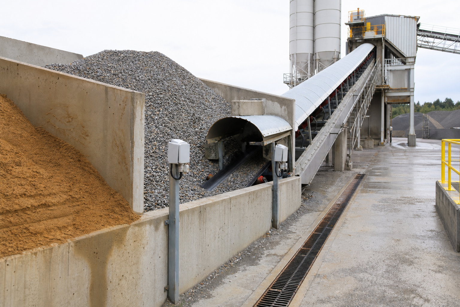 Concrete batching plant aggregate bins and covered conveyor feed route with drainage channel and moisture control equipment