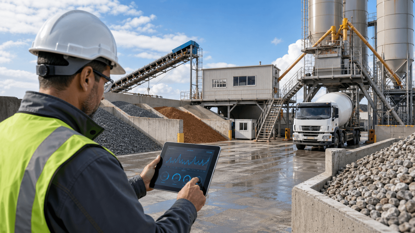Concrete batching plant engineer reviewing aggregate moisture sensor data on a tablet near stockpiles, silos, conveyors, and a mixer truck