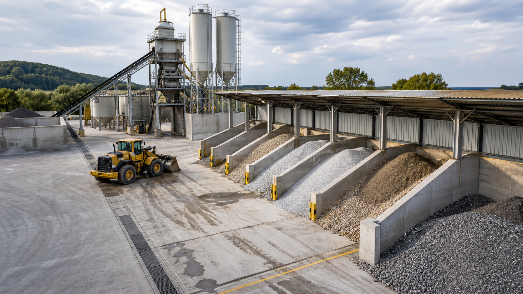 Concrete batching plant yard with aggregate stockpile bays covered feed hoppers conveyors cement silos loader lane and drainage channels