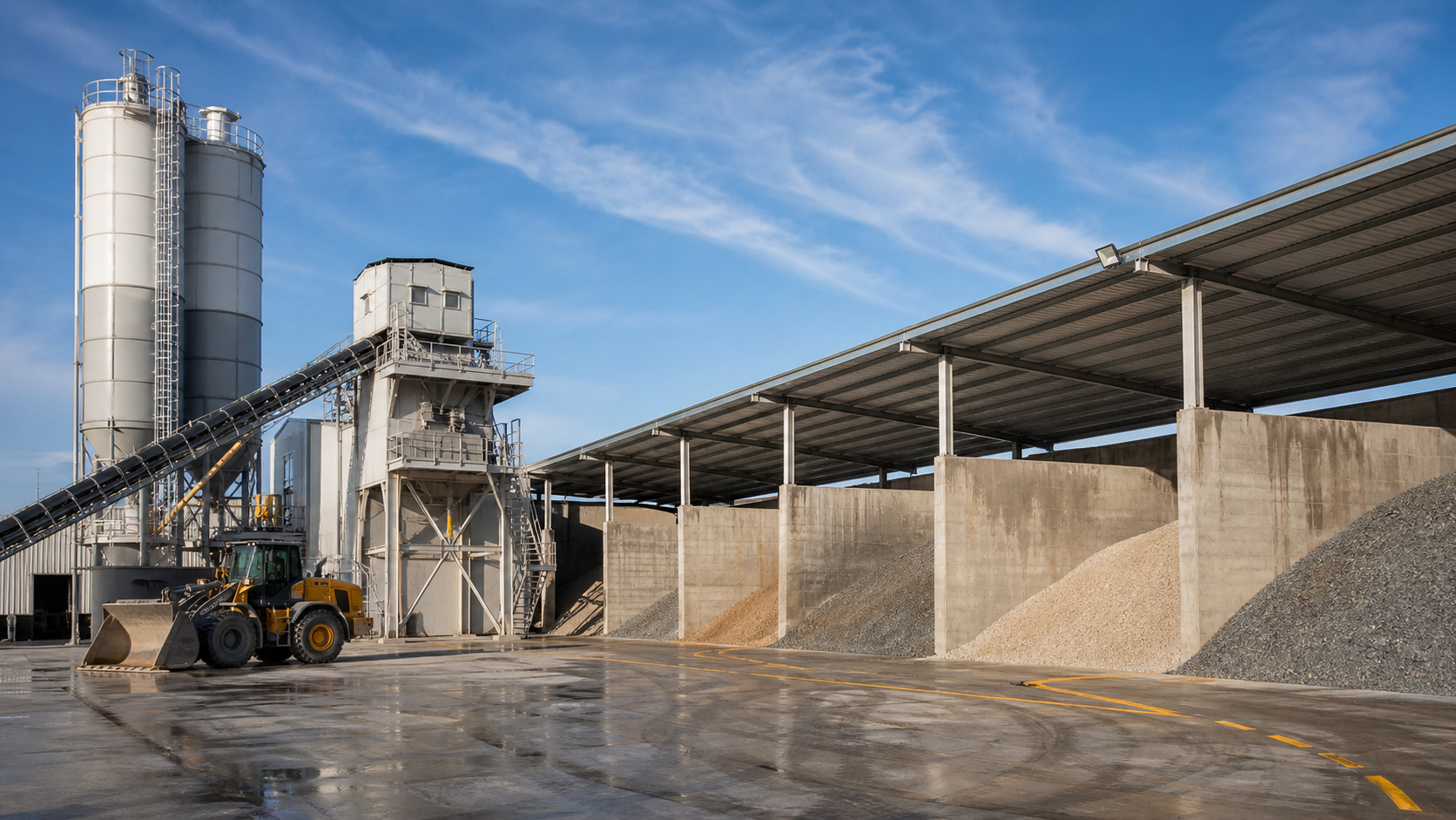 Concrete batching plant with covered aggregate storage bays loader route markings conveyors mixer tower and cement silos