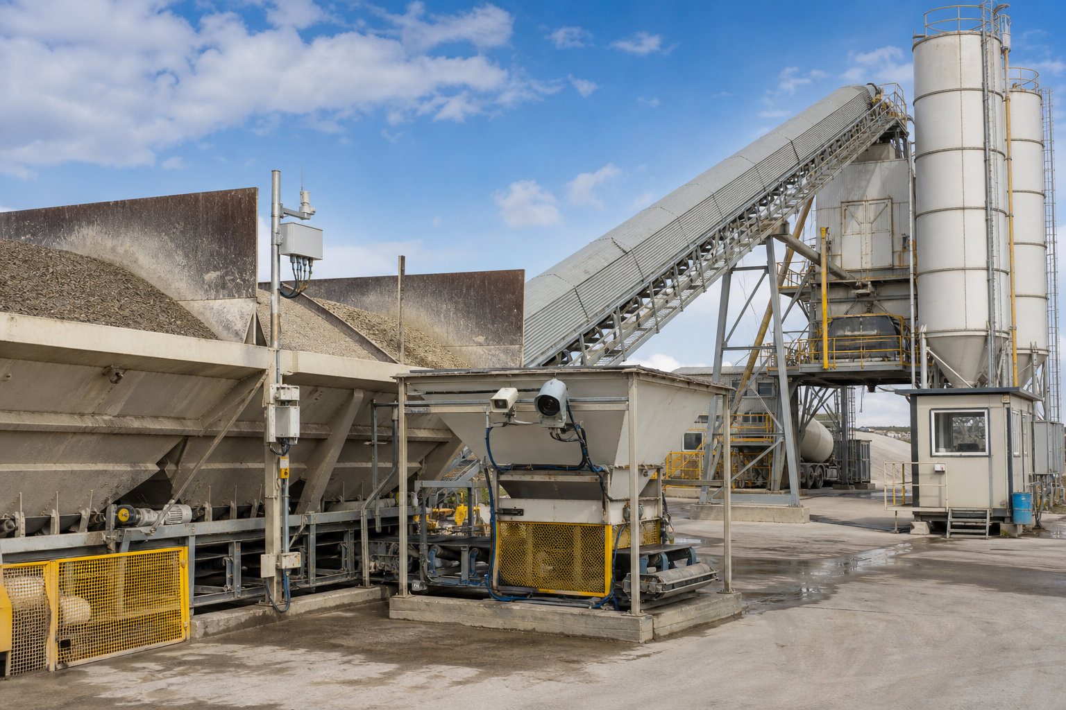 Concrete batching plant with aggregate bins covered conveyor weighing hopper moisture sensor cabinets cement silos and organized yard access