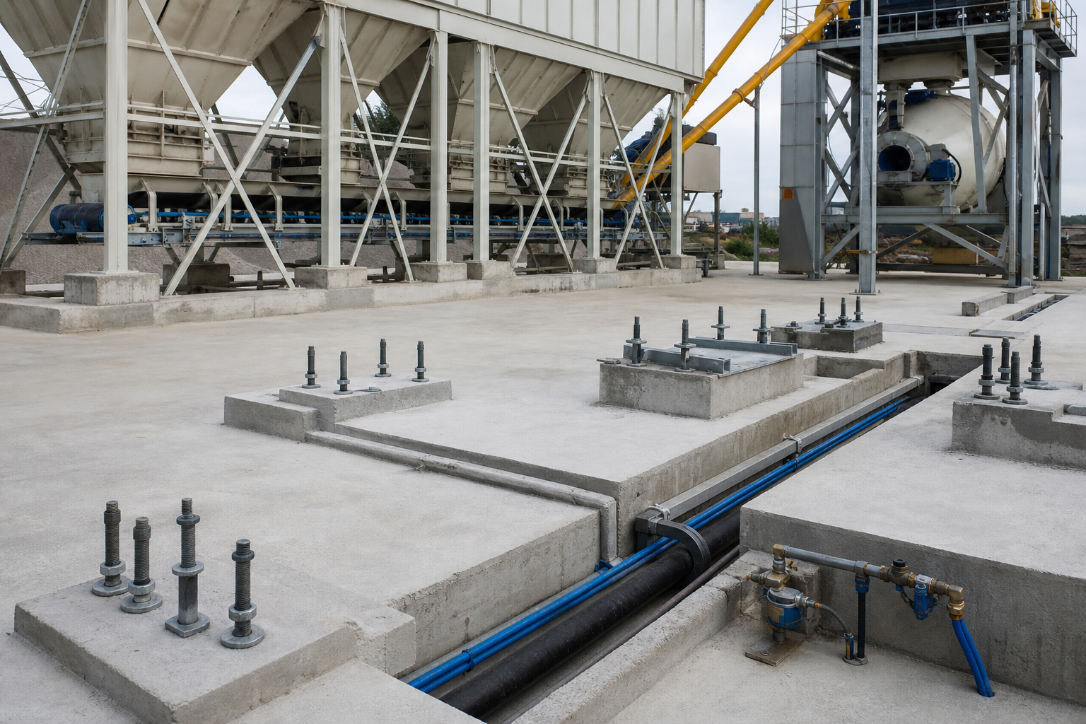 Concrete batching plant foundation detail with anchor bolts equipment base plates drainage trench conduit water piping and aggregate bin supports