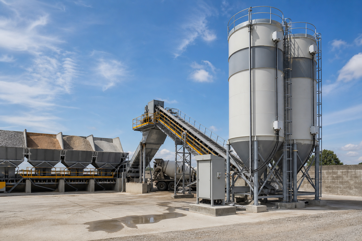 Concrete batching plant with cement silos aggregate bins conveyor belts control cabinet cable routes and level monitoring sensors