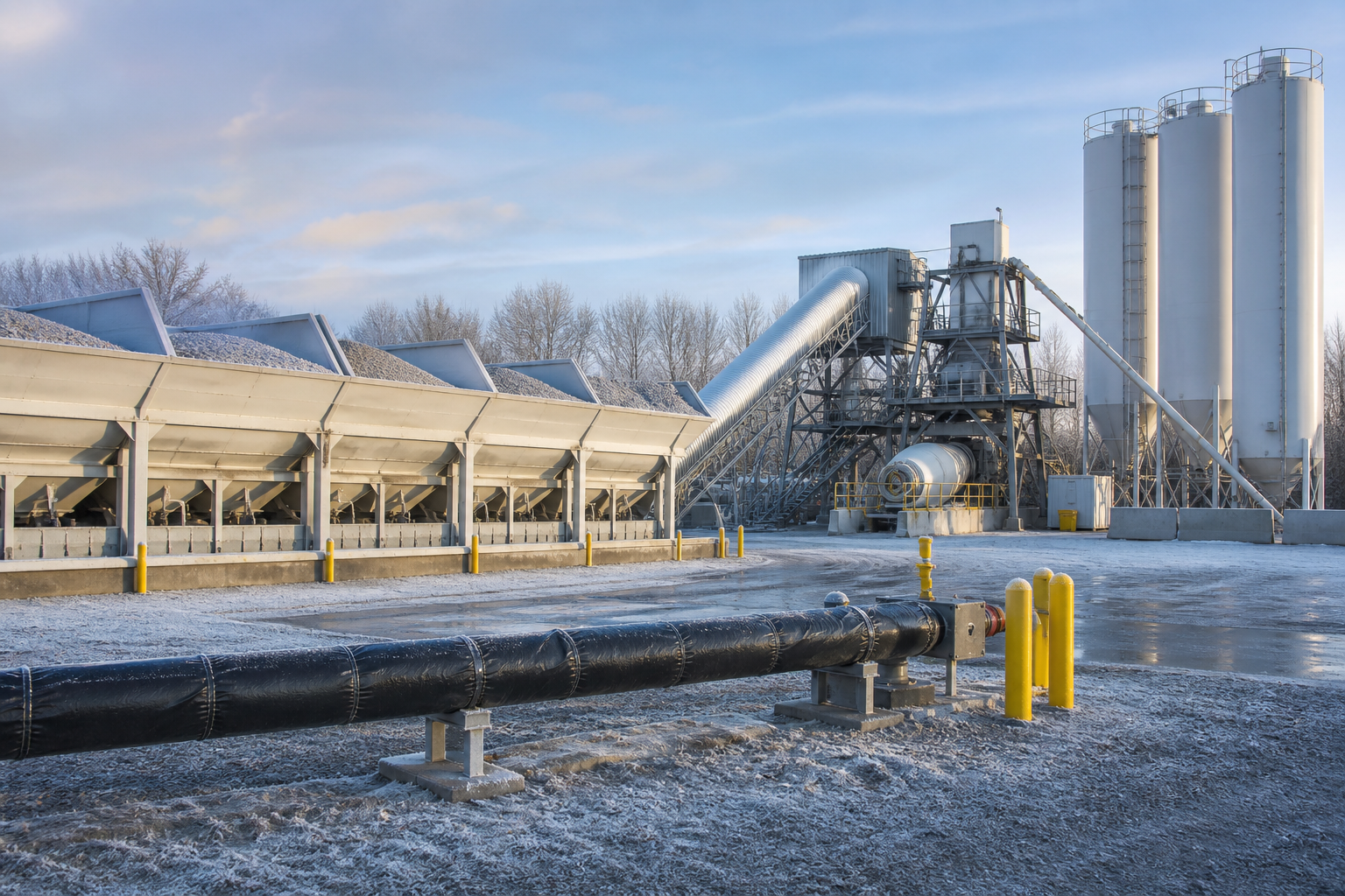 Concrete batching plant yard in cold weather with aggregate bins covered conveyor cement silos insulated water lines and clean service access