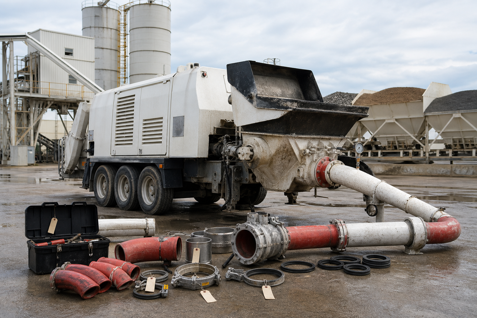 Concrete pump truck at batching plant with delivery pipeline elbows clamps seals spare parts and inspection tools arranged on clean yard