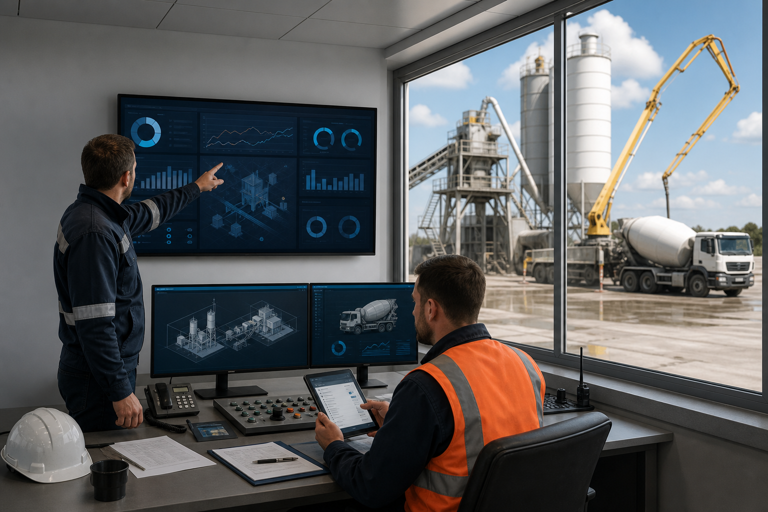 Concrete batching plant control room team reviewing maintenance dashboard with silos conveyors mixer truck and concrete pump visible through the window