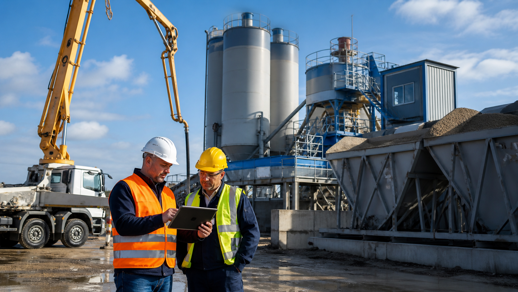 Concrete plant manager and maintenance engineer reviewing remote equipment monitoring data on a tablet beside a batching plant and concrete pump truck