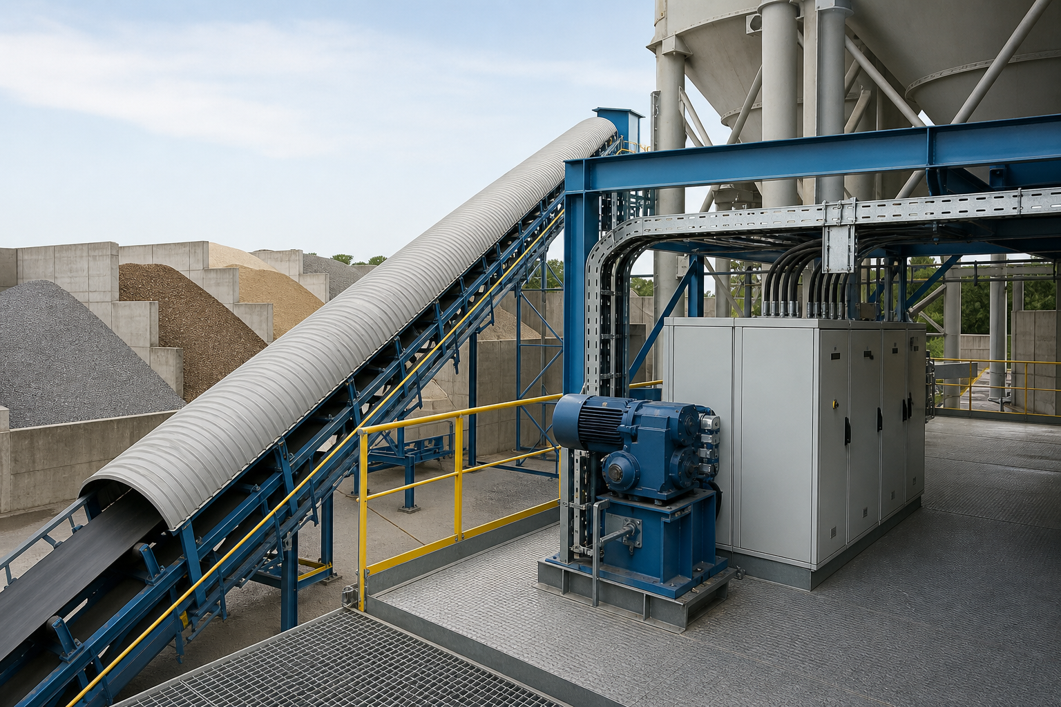 Concrete batching plant conveyor drive area with covered belt electrical cabinets cable trays aggregate bins and clean access platform