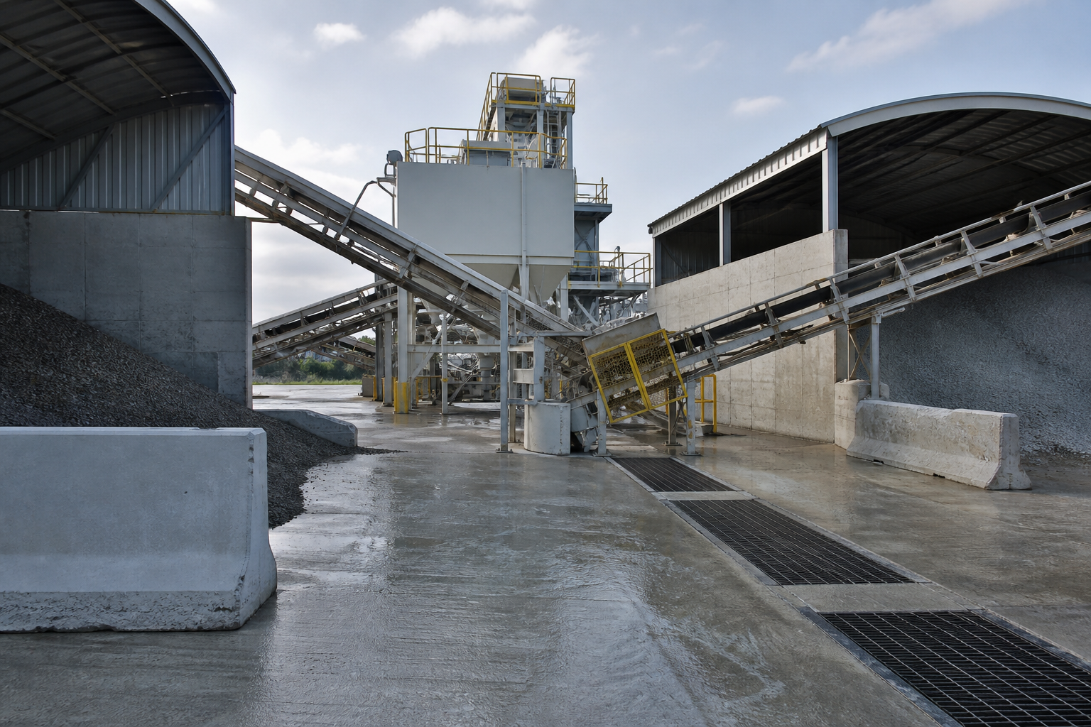 Covered aggregate bins conveyor transfer points drainage grates concrete barriers and batching plant equipment access route