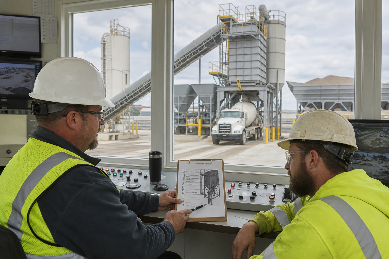 Concrete batching plant control room team reviewing filter inspection and dust control maintenance planning with silos and covered conveyors outside