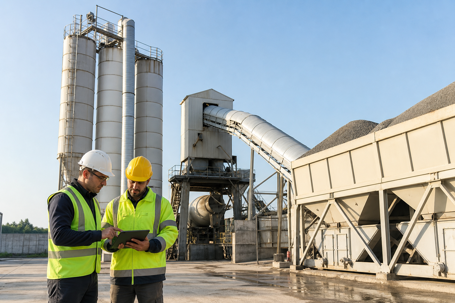 Concrete batching plant team reviewing dust control layout beside silos aggregate bins covered conveyors and plant service areas