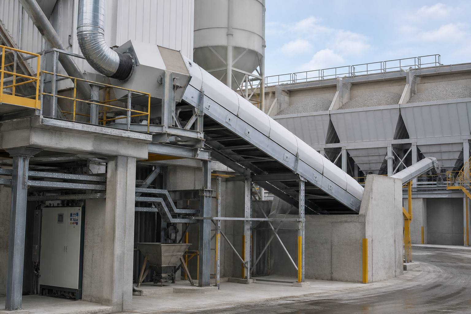 Concrete batching plant transfer area with enclosed conveyor dust collection ducts inspection platform and aggregate bins