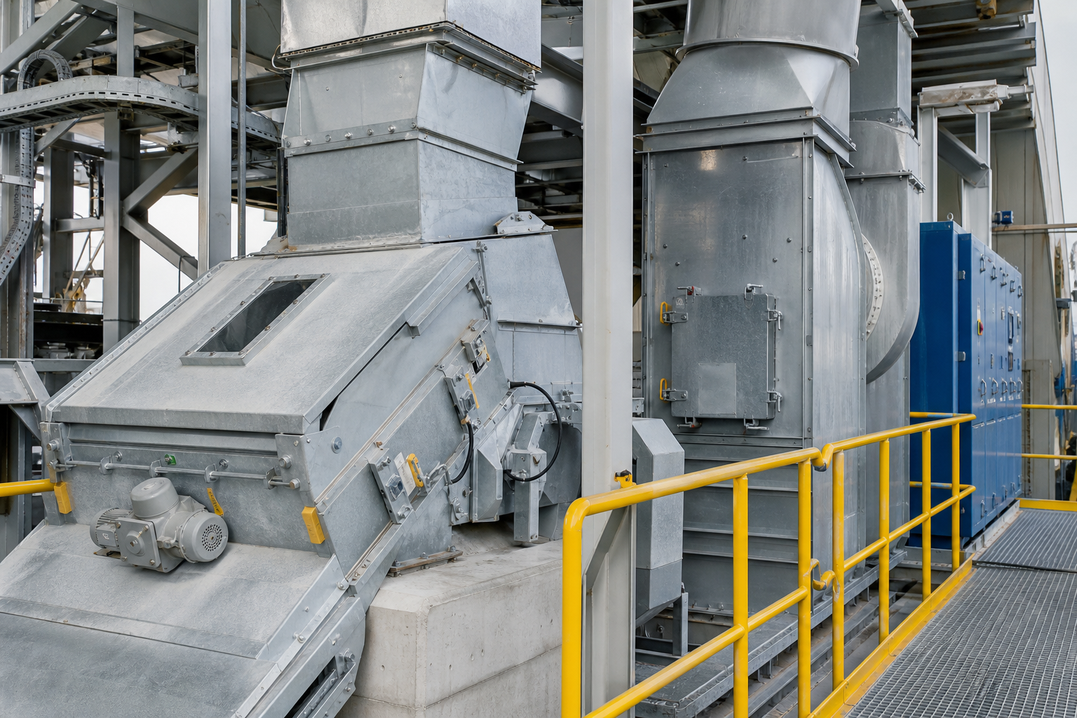Concrete batching plant enclosed transfer point with dust collector ducting filter housing inspection doors cable trays and service platform