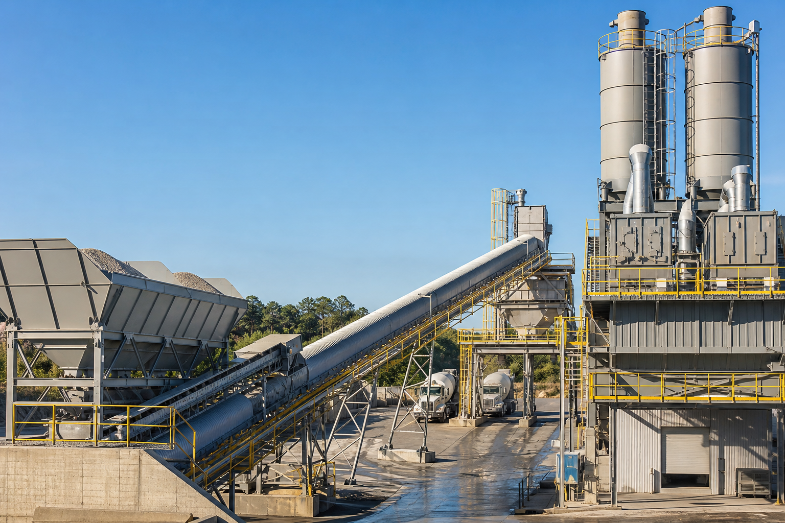 Concrete batching plant with aggregate bins enclosed belt conveyors cement silos dust collectors mixer tower and organized service walkways