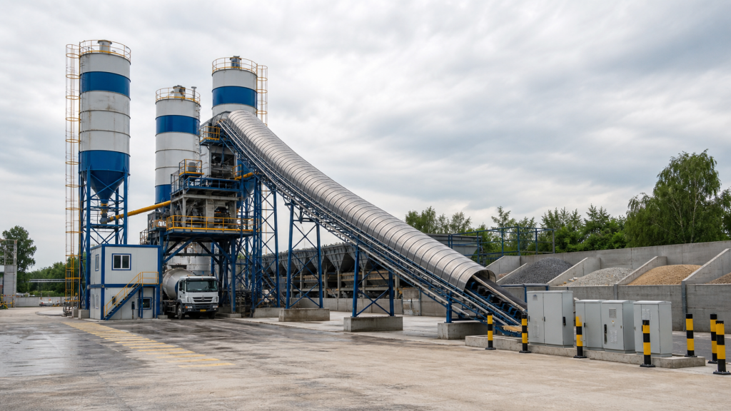 Concrete batching plant with covered aggregate conveyor cement silos control room aggregate bins and organized electrical cabinets