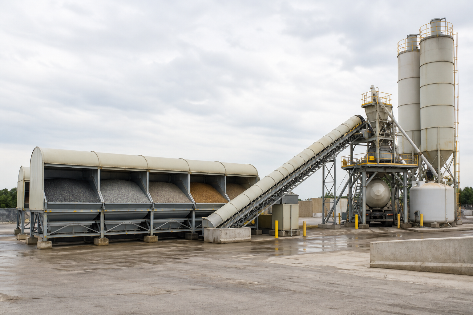 Concrete batching plant with covered aggregate bins enclosed conveyor cement silos and clean access lanes