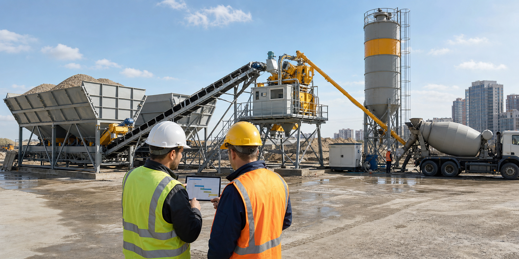 Site engineer and plant operator reviewing a production schedule beside a mobile concrete batching plant, aggregate bins, cement silo, conveyors, and mixer truck
