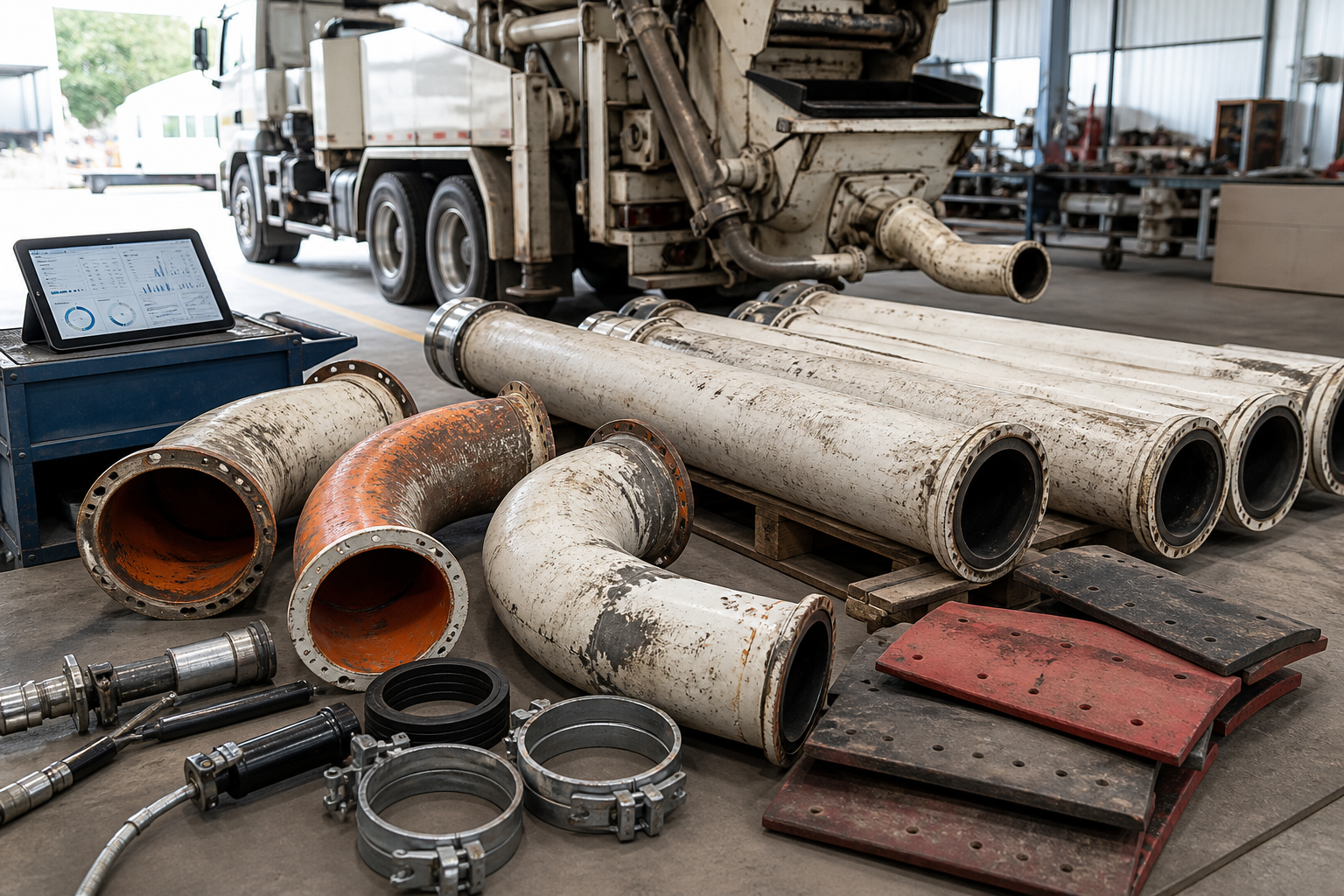 Concrete pump delivery pipe elbows straight pipe sections clamps rubber seals wear plates and maintenance tools in organized equipment bay