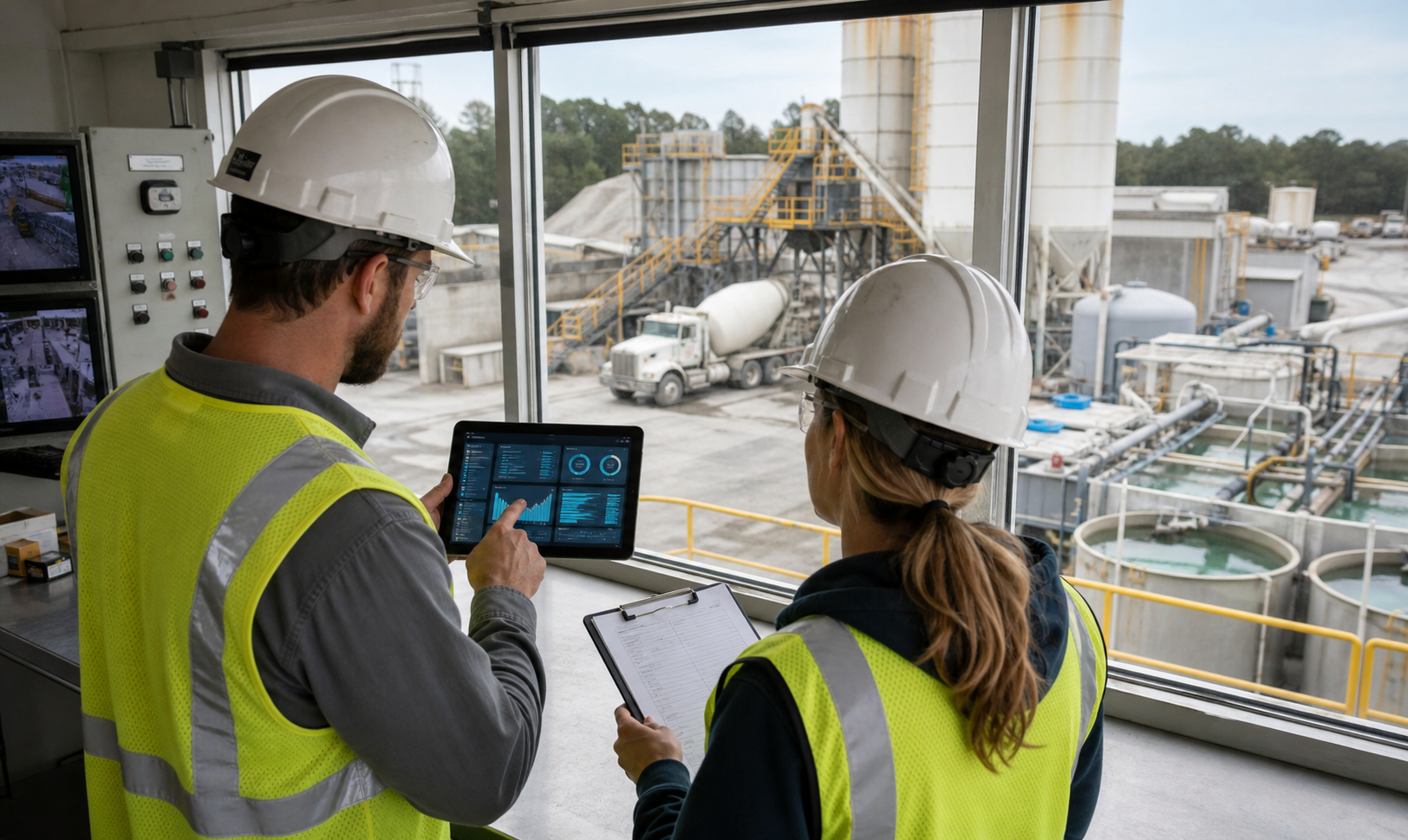 Concrete batching plant control room operators reviewing reclaim water records and washout checklists with silos aggregate bins water tanks and mixer truck area outside