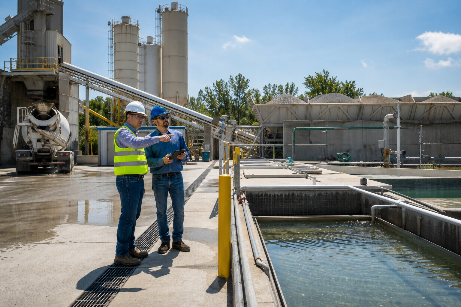 Concrete batching plant managers inspecting reclaim water tanks washout bay drainage channels silos aggregate bins conveyors and mixer truck loading area