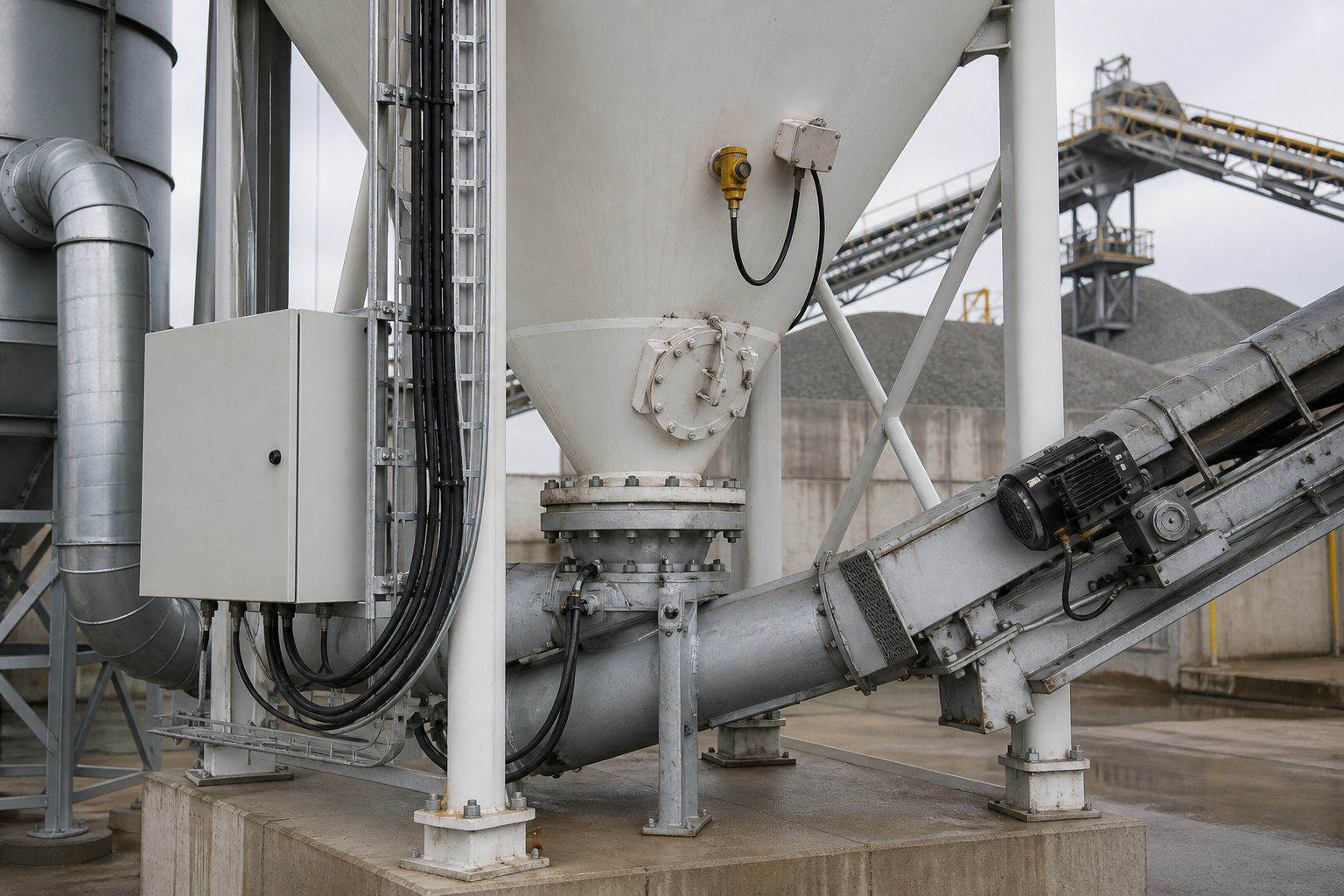 Cement silo cone with level sensor cable conduit control box screw conveyor inlet bolted flange and concrete batching plant equipment