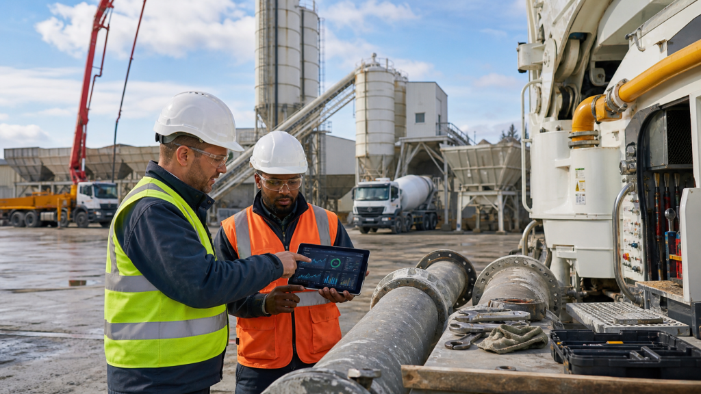 Concrete batching plant engineers reviewing telematics maintenance data on a tablet near silos conveyors mixer trucks and concrete pump equipment