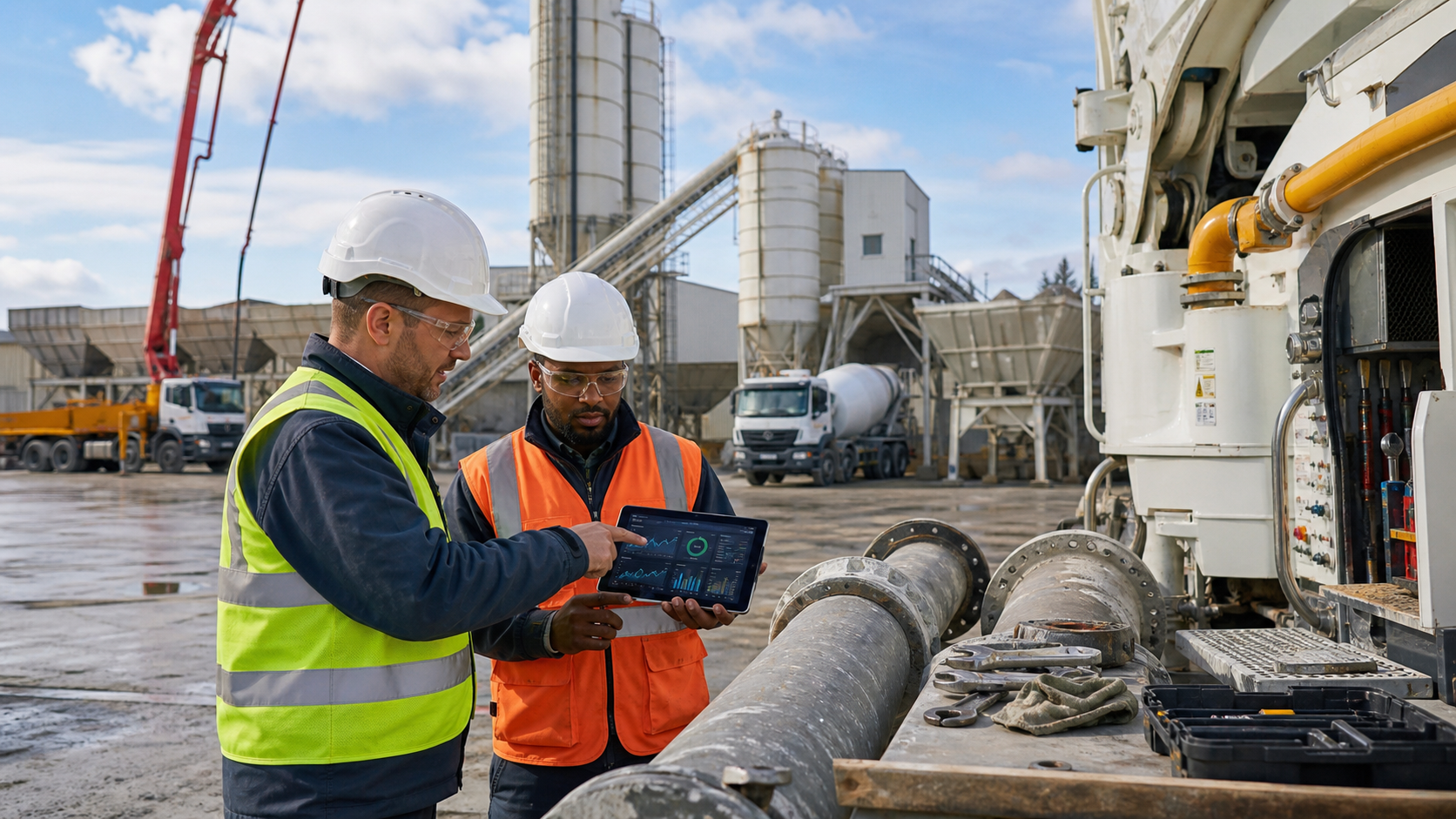 Concrete batching plant engineers reviewing telematics maintenance data on a tablet near silos conveyors mixer trucks and concrete pump equipment