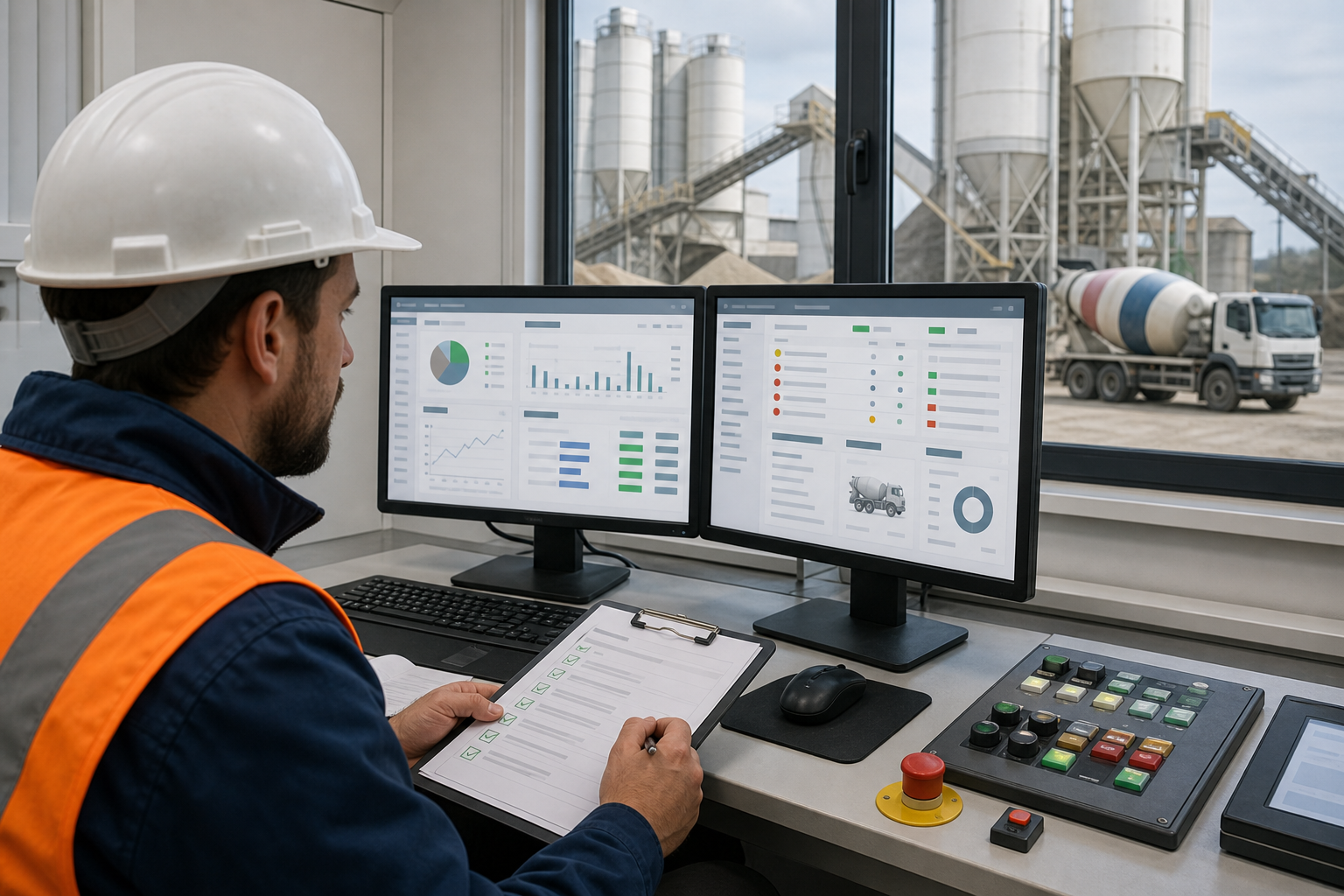 Concrete batching plant control room operator reviewing telematics dashboard maintenance checklist and service records with plant equipment visible outside