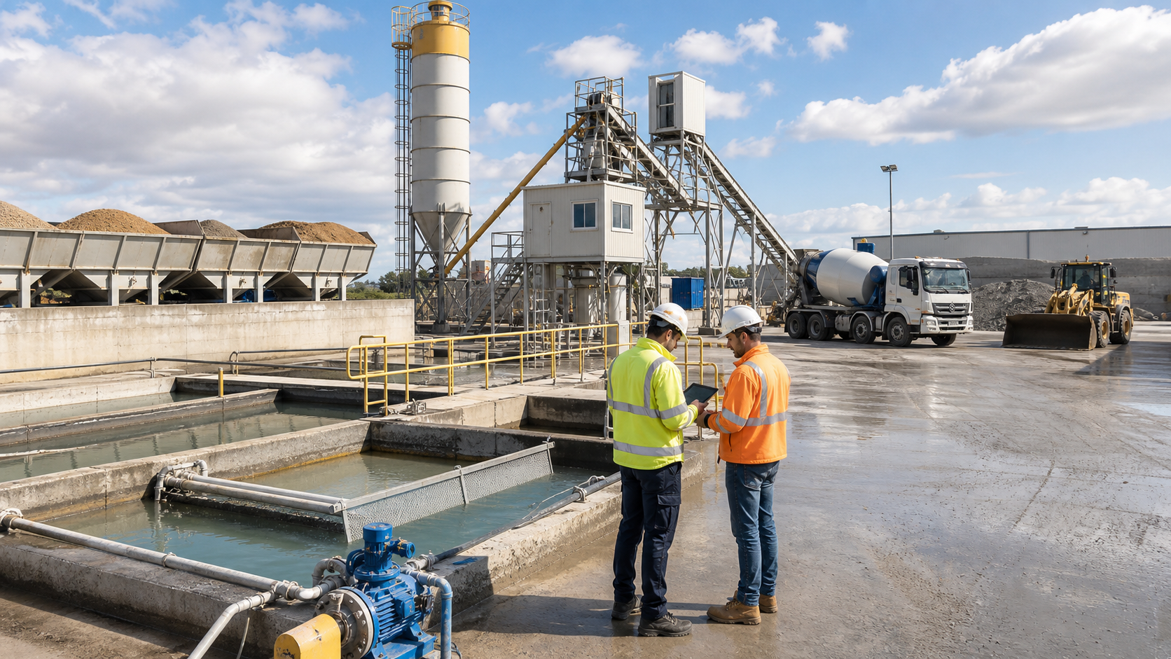 Site engineer and batching plant operator reviewing wash water recovery planning near settling pits, aggregate bins, cement silos, and a mixer truck lane