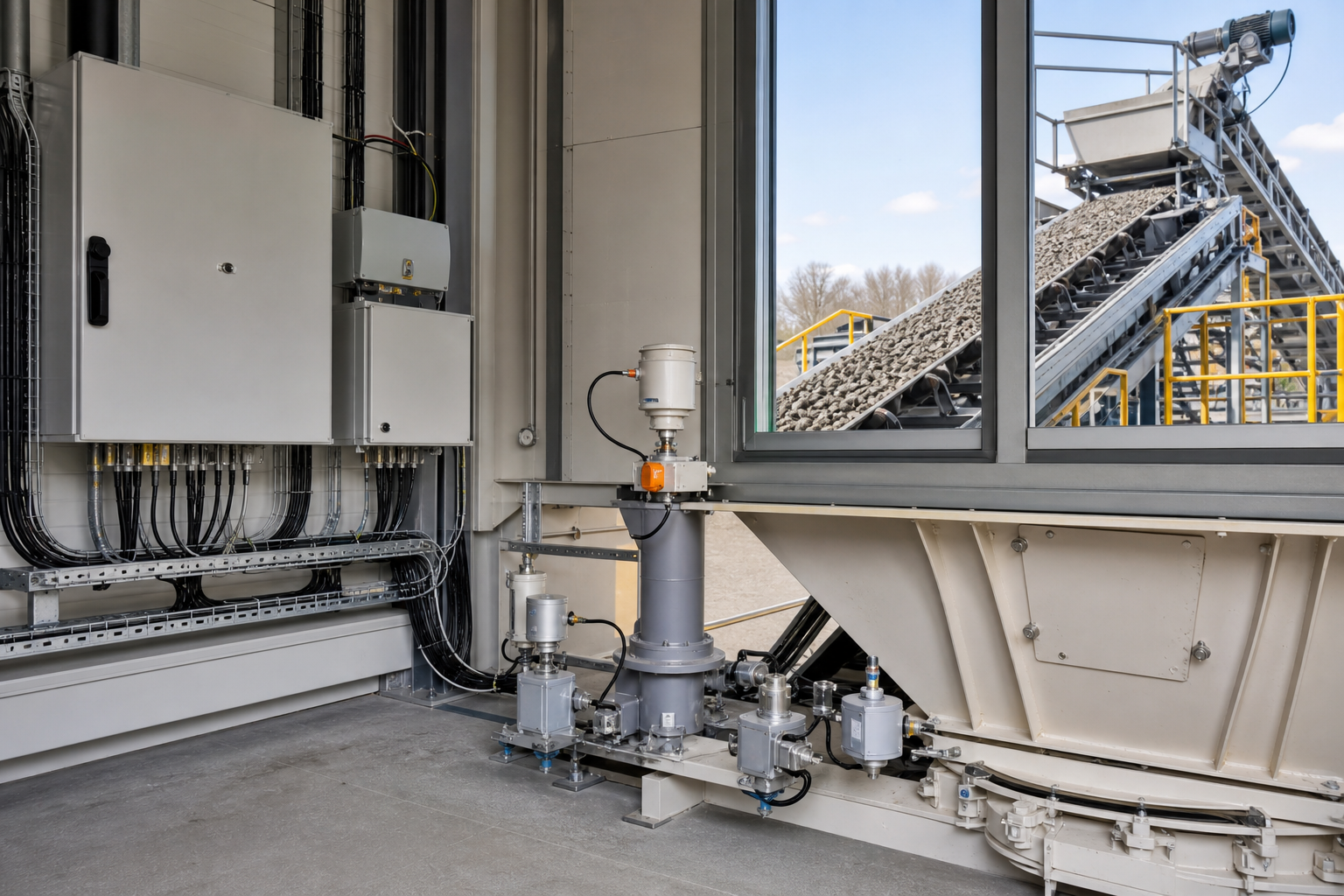Concrete batching plant weighing instrumentation with control cabinets sensor housings cable trays aggregate conveyor and hopper equipment