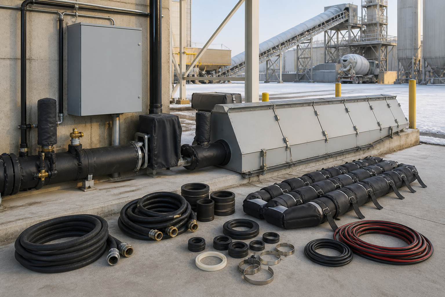 Concrete batching plant winter service parts with insulated water hoses protected valves conveyor access panels spare seals and heating cable coils