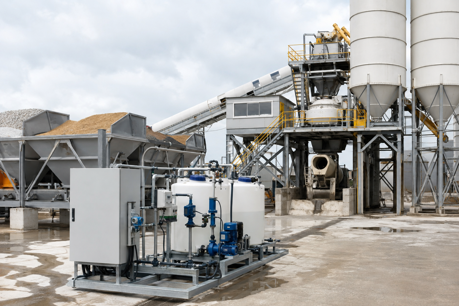 Concrete batching plant with admixture dosing tanks water metering pumps aggregate bins cement silos and mixer platform