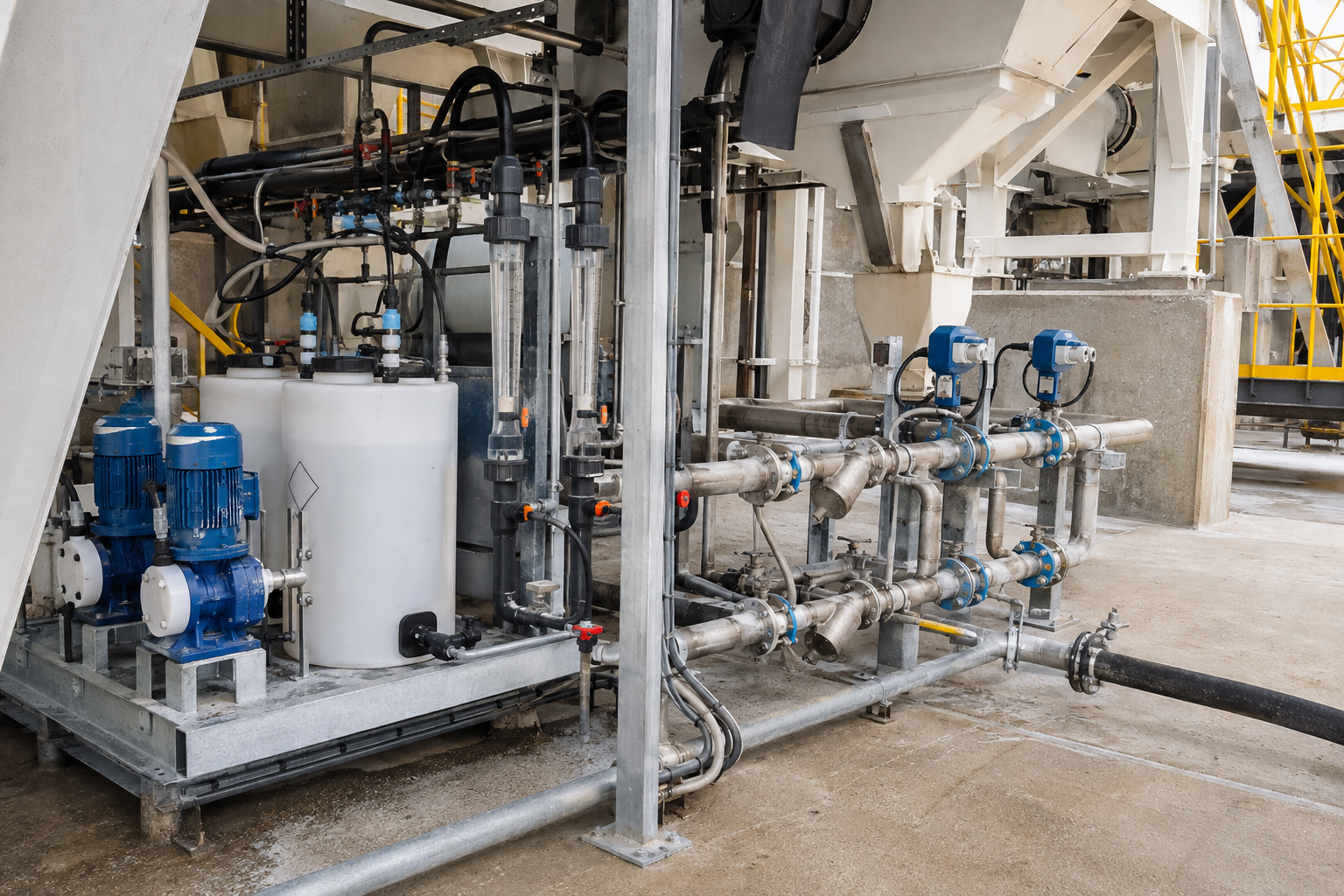 Admixture dosing pump skid with calibration cylinders water metering valves piping and concrete batching plant service access