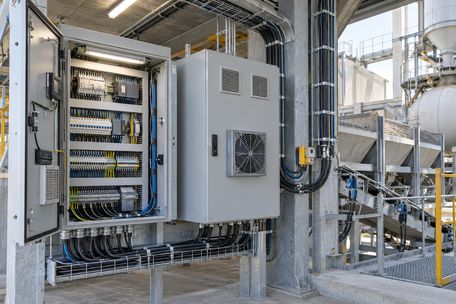 Concrete batching plant control cabinet with organized cable routing cooling vents conduit cable trays and mixer tower equipment