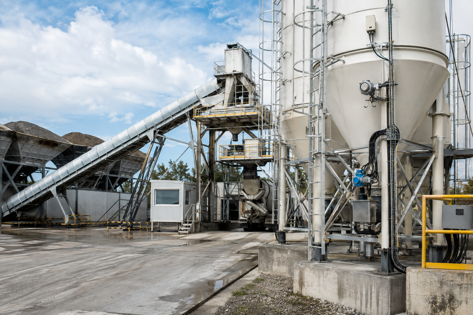 Concrete batching plant with cement silos level monitoring equipment covered conveyors aggregate bins and mixer loading bay