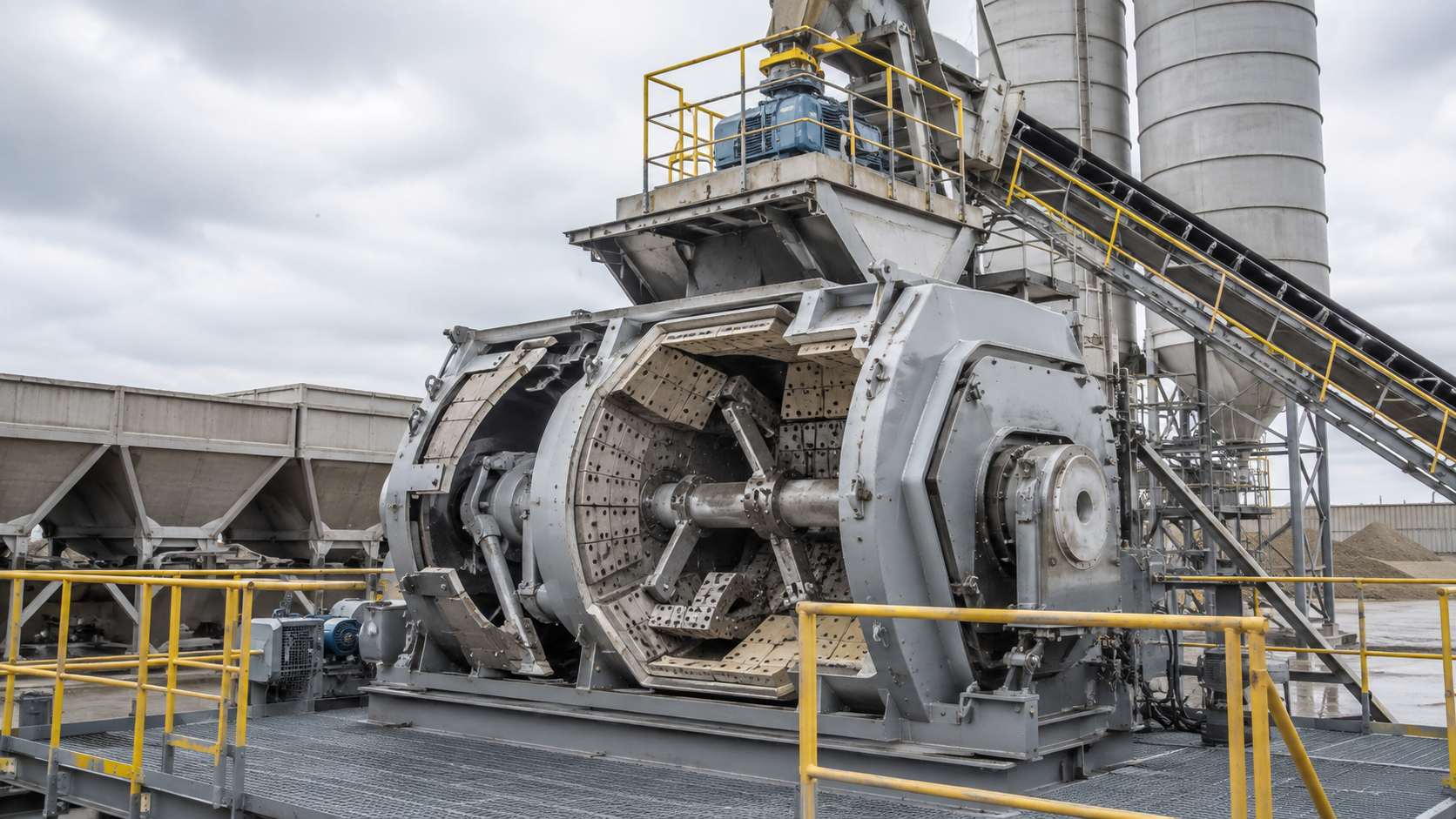 Concrete batching plant twin shaft mixer with open inspection panels liner plates blade arms service platforms cement silos and conveyors