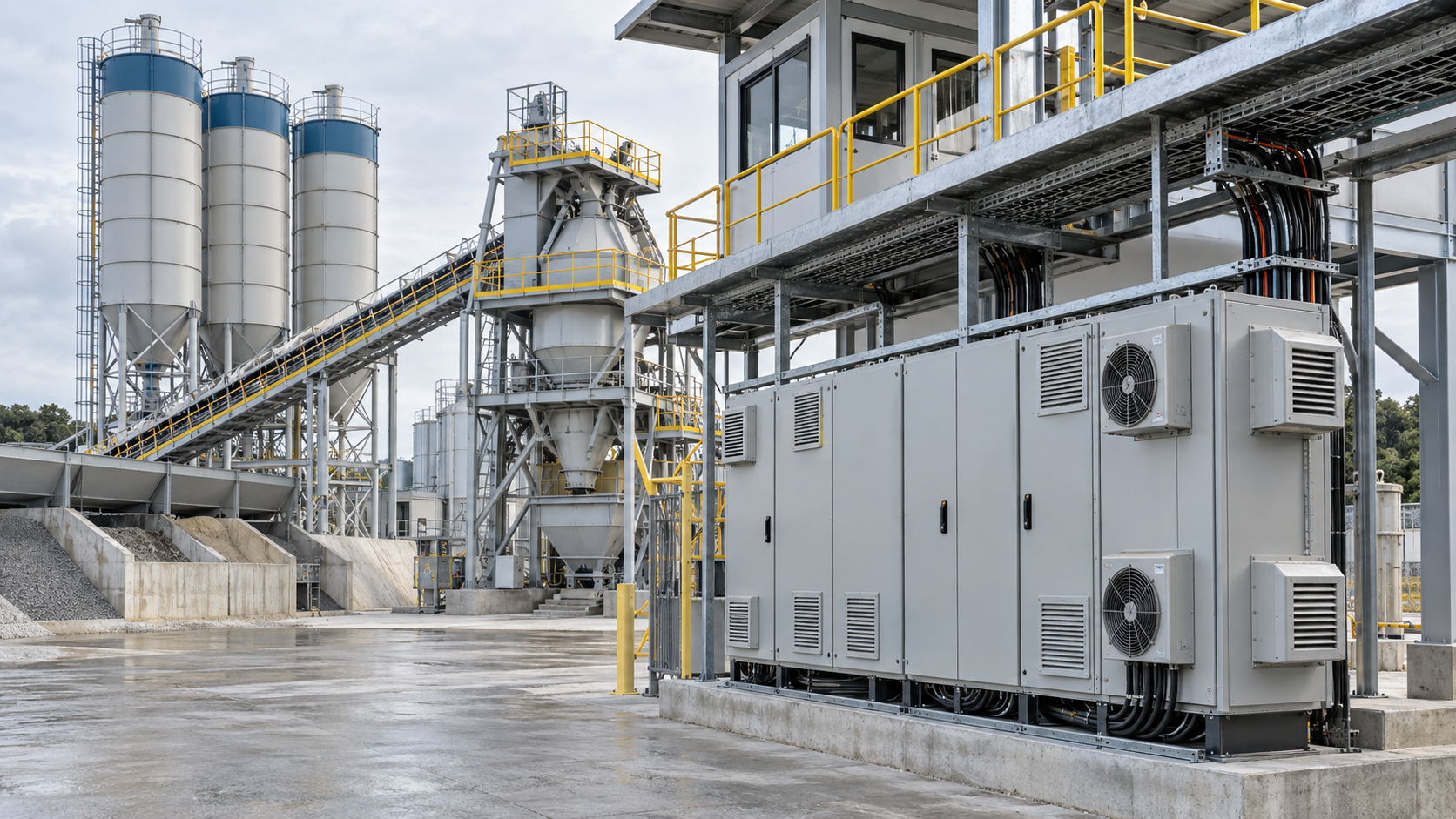 Concrete batching plant with electrical control cabinets cooling fans cable trays cement silos aggregate conveyor and mixer tower