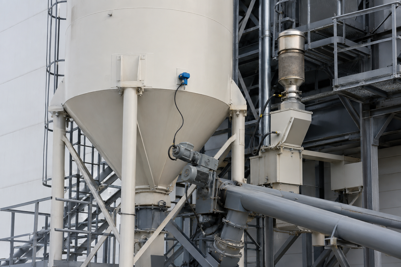 Cement silo cone with level sensor screw conveyor dust collector inspection platform and material transfer equipment